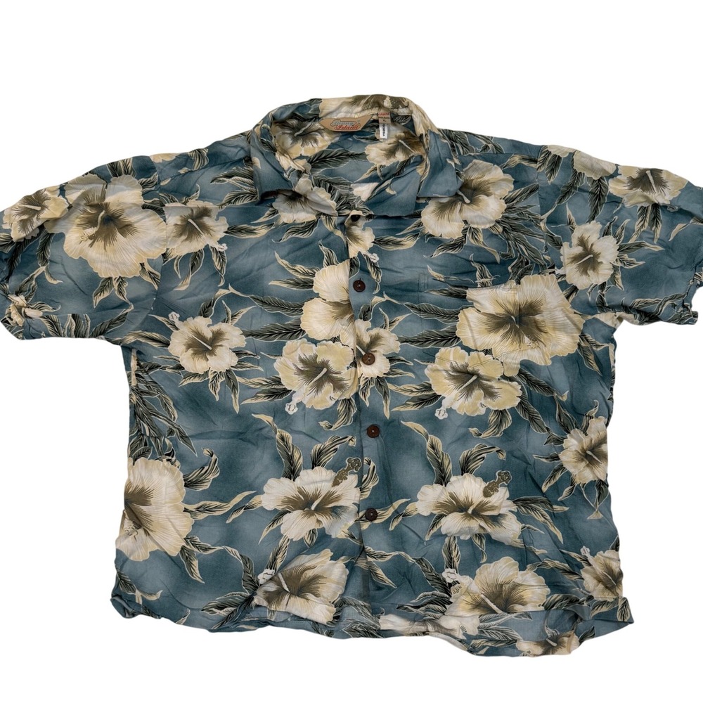 Sunny Island Hawaii Mens XL Blue Hibiscus Floral Rayon Aloha Camp Shirt Summer